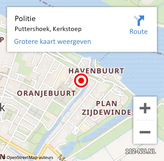 Locatie op kaart van de 112 melding: Politie Puttershoek, Kerkstoep op 1 augustus 2024 23:16