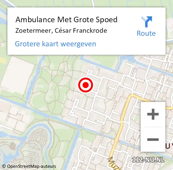 Locatie op kaart van de 112 melding: Ambulance Met Grote Spoed Naar Zoetermeer, César Franckrode op 2 augustus 2024 05:07