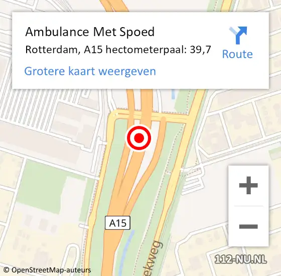 Locatie op kaart van de 112 melding: Ambulance Met Spoed Naar Rotterdam, A15 hectometerpaal: 39,7 op 2 augustus 2024 07:14