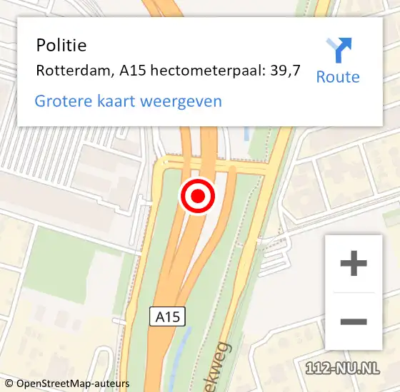 Locatie op kaart van de 112 melding: Politie Rotterdam, A15 hectometerpaal: 39,7 op 2 augustus 2024 07:16