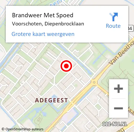 Locatie op kaart van de 112 melding: Brandweer Met Spoed Naar Voorschoten, Diepenbrocklaan op 2 augustus 2024 08:30