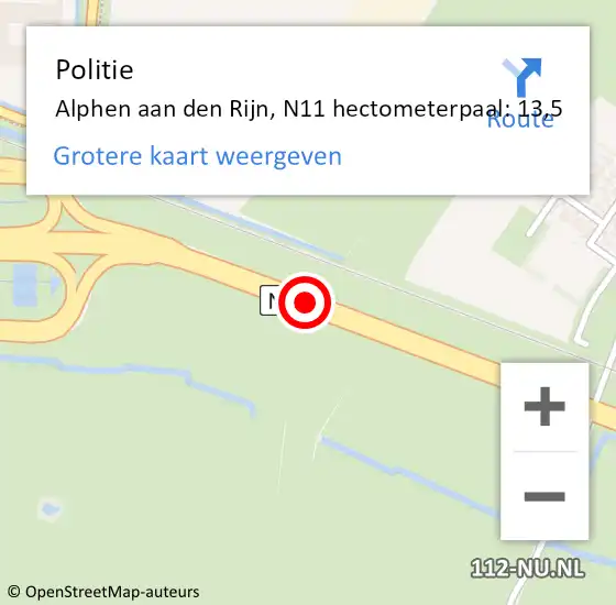 Locatie op kaart van de 112 melding: Politie Alphen aan den Rijn, N11 hectometerpaal: 13,5 op 2 augustus 2024 09:17
