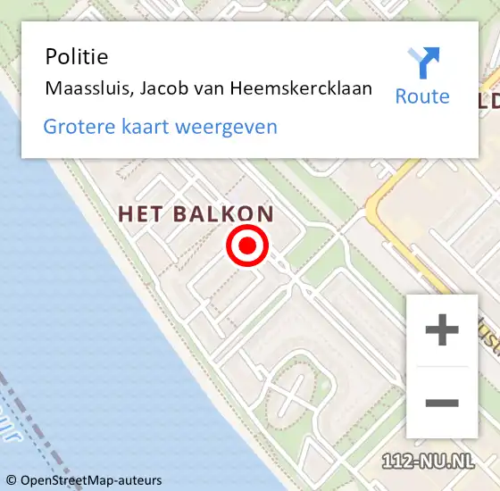 Locatie op kaart van de 112 melding: Politie Maassluis, Jacob van Heemskercklaan op 2 augustus 2024 09:55