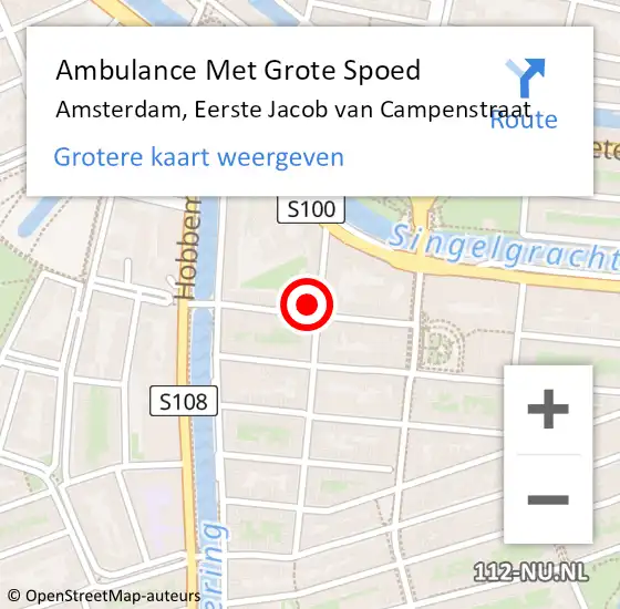 Locatie op kaart van de 112 melding: Ambulance Met Grote Spoed Naar Amsterdam, Eerste Jacob van Campenstraat op 2 augustus 2024 10:27