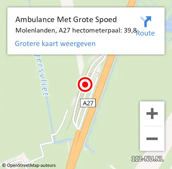 Locatie op kaart van de 112 melding: Ambulance Met Grote Spoed Naar Molenlanden, A27 hectometerpaal: 39,8 op 2 augustus 2024 10:29