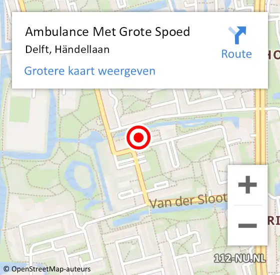 Locatie op kaart van de 112 melding: Ambulance Met Grote Spoed Naar Delft, Händellaan op 2 augustus 2024 10:32