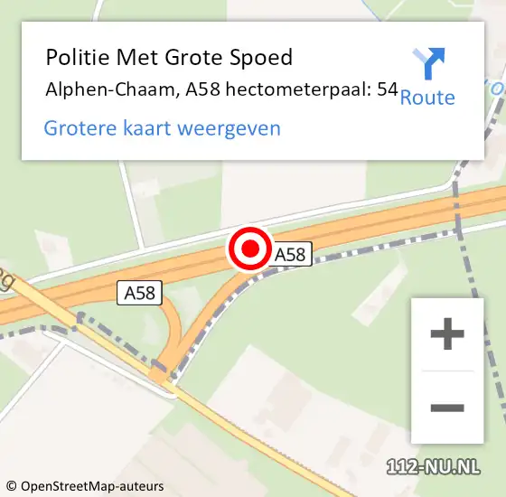 Locatie op kaart van de 112 melding: Politie Met Grote Spoed Naar Alphen-Chaam, A58 hectometerpaal: 54 op 2 augustus 2024 10:41