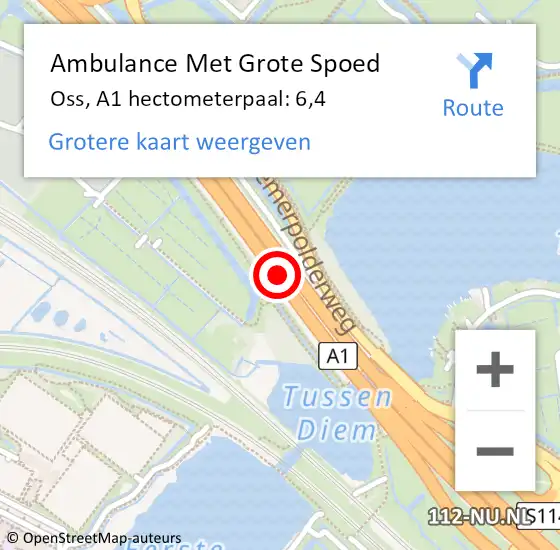 Locatie op kaart van de 112 melding: Ambulance Met Grote Spoed Naar Oss, A1 hectometerpaal: 6,4 op 2 augustus 2024 13:36