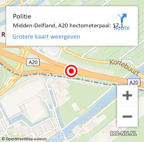 Locatie op kaart van de 112 melding: Politie Midden-Delfland, A20 hectometerpaal: 17,1 op 2 augustus 2024 13:43
