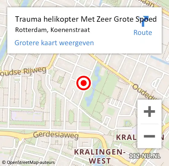 Locatie op kaart van de 112 melding: Trauma helikopter Met Zeer Grote Spoed Naar Rotterdam, Koenenstraat op 2 augustus 2024 13:53