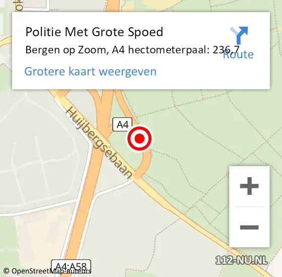 Locatie op kaart van de 112 melding: Politie Met Grote Spoed Naar Bergen op Zoom, A4 hectometerpaal: 236,7 op 2 augustus 2024 13:59