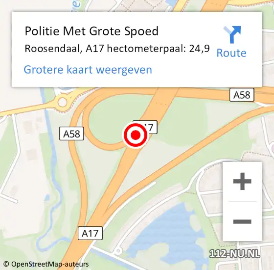 Locatie op kaart van de 112 melding: Politie Met Grote Spoed Naar Roosendaal, A17 hectometerpaal: 24,9 op 2 augustus 2024 14:03