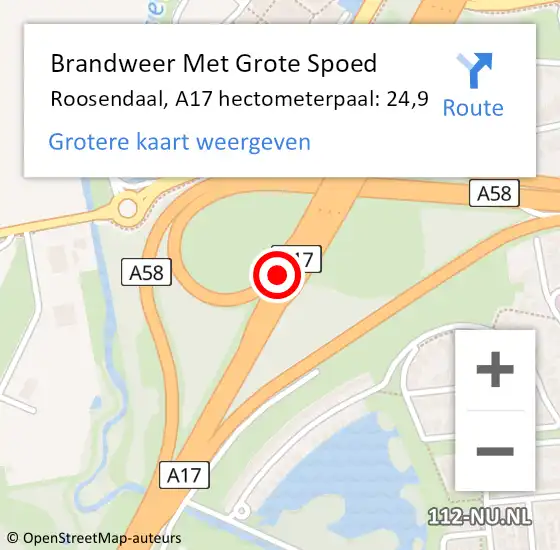 Locatie op kaart van de 112 melding: Brandweer Met Grote Spoed Naar Roosendaal, A17 hectometerpaal: 24,9 op 2 augustus 2024 14:03