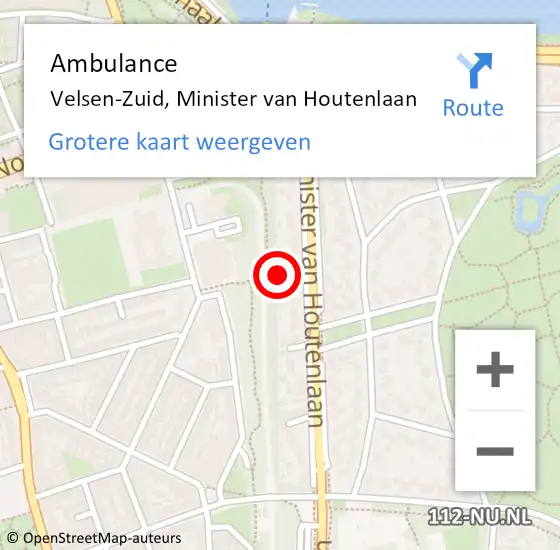 Locatie op kaart van de 112 melding: Ambulance Velsen-Zuid, Minister van Houtenlaan op 2 augustus 2024 14:06