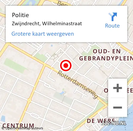 Locatie op kaart van de 112 melding: Politie Zwijndrecht, Wilhelminastraat op 2 augustus 2024 14:55