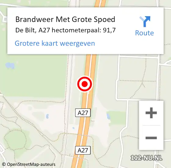 Locatie op kaart van de 112 melding: Brandweer Met Grote Spoed Naar De Bilt, A27 hectometerpaal: 91,7 op 2 augustus 2024 15:49