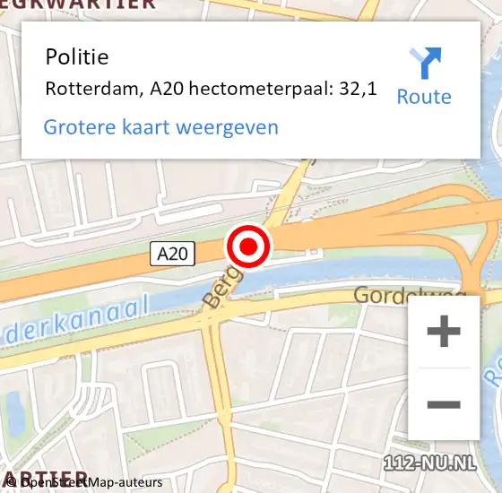 Locatie op kaart van de 112 melding: Politie Rotterdam, A20 hectometerpaal: 32,1 op 2 augustus 2024 16:01