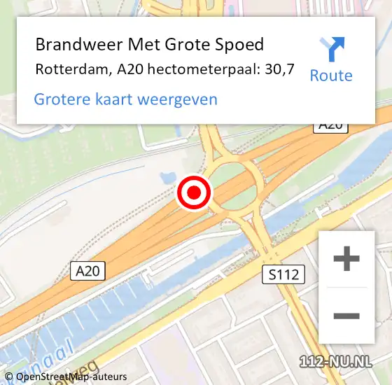 Locatie op kaart van de 112 melding: Brandweer Met Grote Spoed Naar Rotterdam, A20 hectometerpaal: 30,7 op 2 augustus 2024 16:10