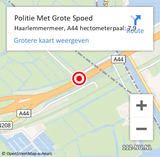 Locatie op kaart van de 112 melding: Politie Met Grote Spoed Naar Haarlemmermeer, A44 hectometerpaal: 7,9 op 2 augustus 2024 16:44