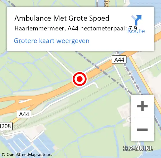 Locatie op kaart van de 112 melding: Ambulance Met Grote Spoed Naar Haarlemmermeer, A44 hectometerpaal: 7,9 op 2 augustus 2024 16:51