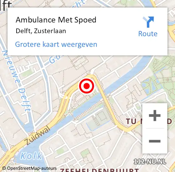 Locatie op kaart van de 112 melding: Ambulance Met Spoed Naar Delft, Zusterlaan op 2 augustus 2024 17:11