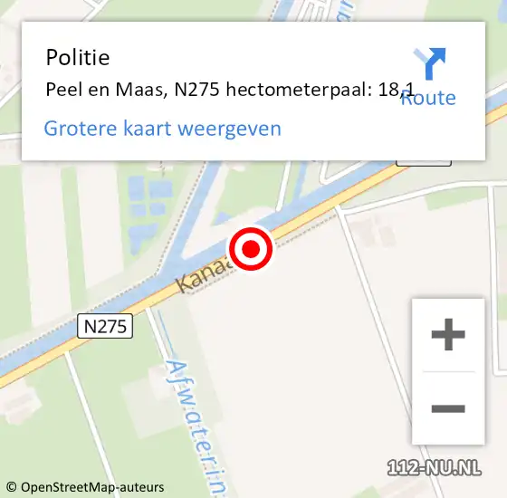 Locatie op kaart van de 112 melding: Politie Peel en Maas, N275 hectometerpaal: 18,1 op 2 augustus 2024 17:24