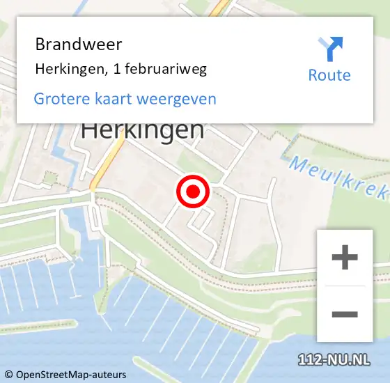 Locatie op kaart van de 112 melding: Brandweer Herkingen, 1 februariweg op 2 augustus 2024 18:02