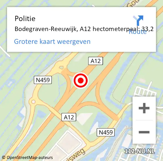 Locatie op kaart van de 112 melding: Politie Bodegraven-Reeuwijk, A12 hectometerpaal: 33,2 op 2 augustus 2024 18:08