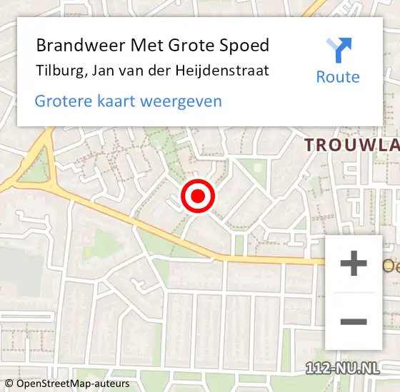 Locatie op kaart van de 112 melding: Brandweer Met Grote Spoed Naar Tilburg, Jan van der Heijdenstraat op 2 augustus 2024 18:18