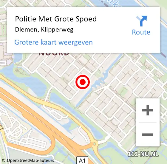 Locatie op kaart van de 112 melding: Politie Met Grote Spoed Naar Diemen, Klipperweg op 2 augustus 2024 18:25