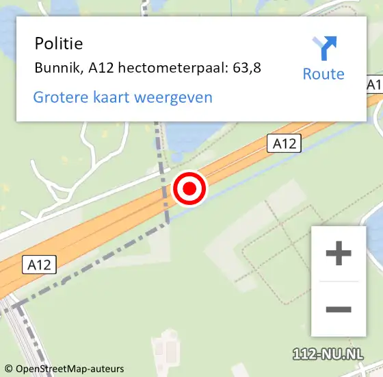 Locatie op kaart van de 112 melding: Politie Bunnik, A12 hectometerpaal: 63,8 op 2 augustus 2024 19:06