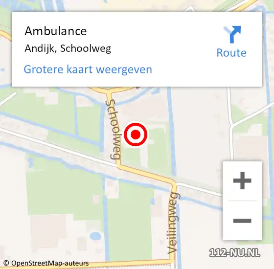 Locatie op kaart van de 112 melding: Ambulance Andijk, Schoolweg op 2 augustus 2024 19:13