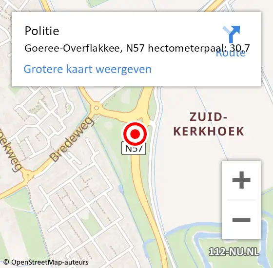 Locatie op kaart van de 112 melding: Politie Goeree-Overflakkee, N57 hectometerpaal: 30,7 op 2 augustus 2024 19:14