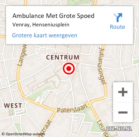 Locatie op kaart van de 112 melding: Ambulance Met Grote Spoed Naar Venray, Henseniusplein op 2 augustus 2024 19:57