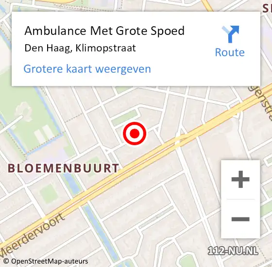 Locatie op kaart van de 112 melding: Ambulance Met Grote Spoed Naar Den Haag, Klimopstraat op 2 augustus 2024 20:40