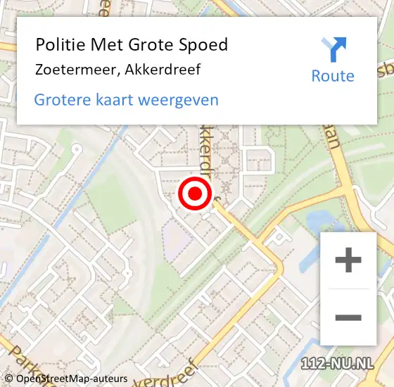 Locatie op kaart van de 112 melding: Politie Met Grote Spoed Naar Zoetermeer, Akkerdreef op 2 augustus 2024 22:16