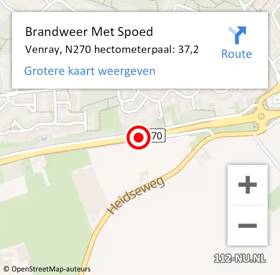Locatie op kaart van de 112 melding: Brandweer Met Spoed Naar Venray, N270 hectometerpaal: 37,2 op 3 augustus 2024 01:29