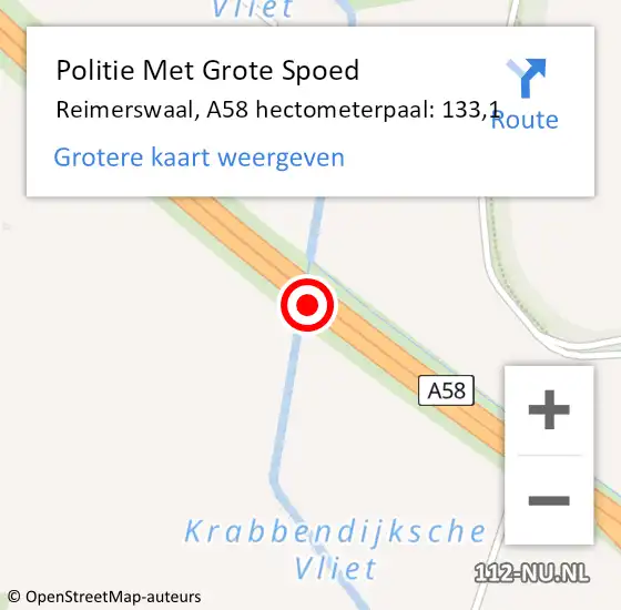Locatie op kaart van de 112 melding: Politie Met Grote Spoed Naar Reimerswaal, A58 hectometerpaal: 133,1 op 3 augustus 2024 02:09