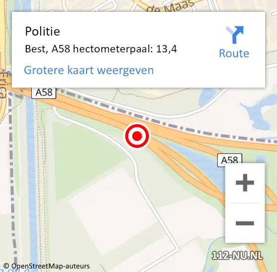 Locatie op kaart van de 112 melding: Politie Best, A58 hectometerpaal: 13,4 op 3 augustus 2024 02:50