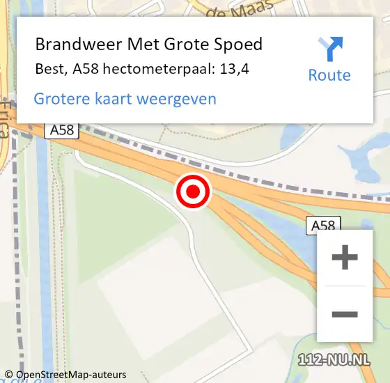 Locatie op kaart van de 112 melding: Brandweer Met Grote Spoed Naar Best, A58 hectometerpaal: 13,4 op 3 augustus 2024 02:51