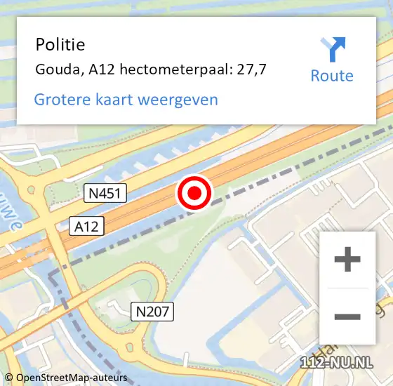 Locatie op kaart van de 112 melding: Politie Gouda, A12 hectometerpaal: 27,7 op 3 augustus 2024 10:29