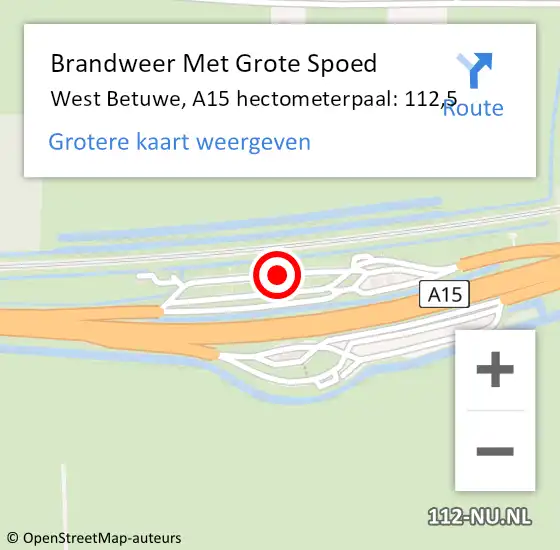 Locatie op kaart van de 112 melding: Brandweer Met Grote Spoed Naar West Betuwe, A15 hectometerpaal: 112,5 op 3 augustus 2024 10:42