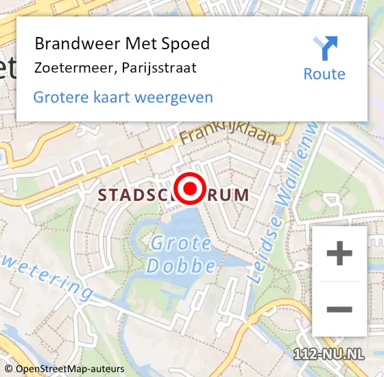 Locatie op kaart van de 112 melding: Brandweer Met Spoed Naar Zoetermeer, Parijsstraat op 3 augustus 2024 11:24