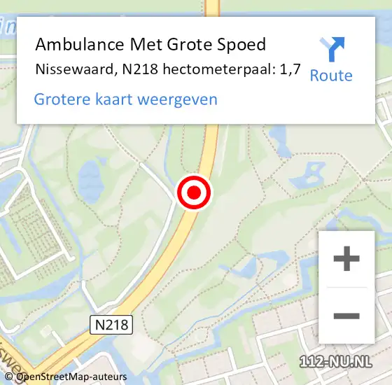 Locatie op kaart van de 112 melding: Ambulance Met Grote Spoed Naar Nissewaard, N218 hectometerpaal: 1,7 op 3 augustus 2024 12:06