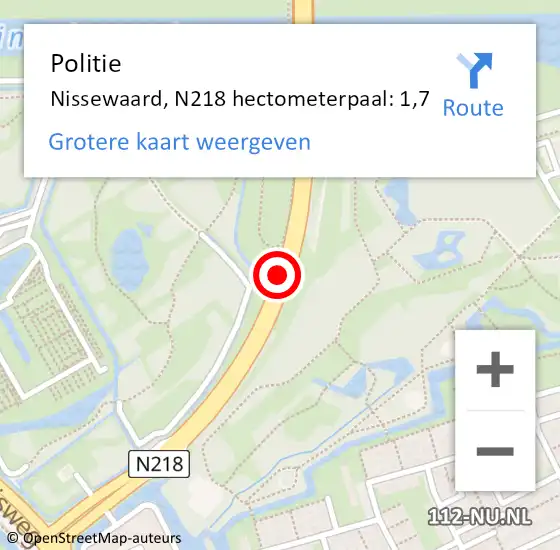 Locatie op kaart van de 112 melding: Politie Nissewaard, N218 hectometerpaal: 1,7 op 3 augustus 2024 12:07