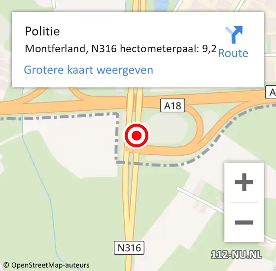 Locatie op kaart van de 112 melding: Politie Montferland, N316 hectometerpaal: 9,2 op 3 augustus 2024 12:39