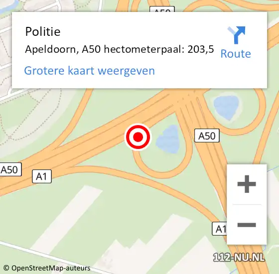 Locatie op kaart van de 112 melding: Politie Apeldoorn, A50 hectometerpaal: 203,5 op 3 augustus 2024 14:13