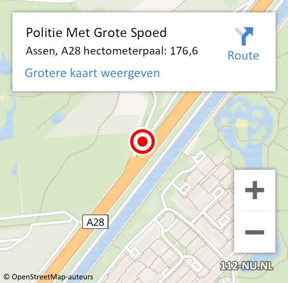 Locatie op kaart van de 112 melding: Politie Met Grote Spoed Naar Assen, A28 hectometerpaal: 176,6 op 3 augustus 2024 14:53