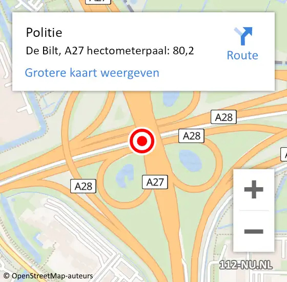 Locatie op kaart van de 112 melding: Politie De Bilt, A27 hectometerpaal: 80,2 op 3 augustus 2024 17:06