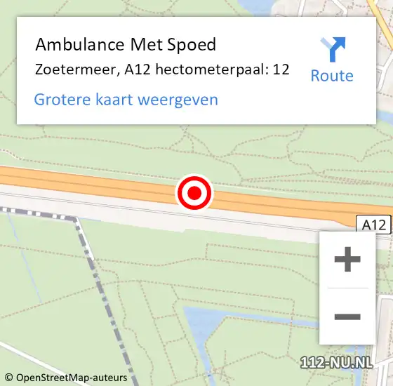 Locatie op kaart van de 112 melding: Ambulance Met Spoed Naar Zoetermeer, A12 hectometerpaal: 12 op 3 augustus 2024 17:27